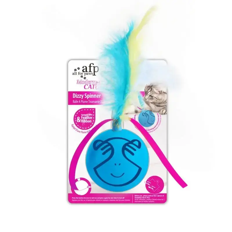 Hit sprzedaży AFP Modern Cat Dizzy Spinner – Interaktywna obrotowa piłka z piórkami - zabawka dla kota, 6,5 x 6,5 x 17,5 cm