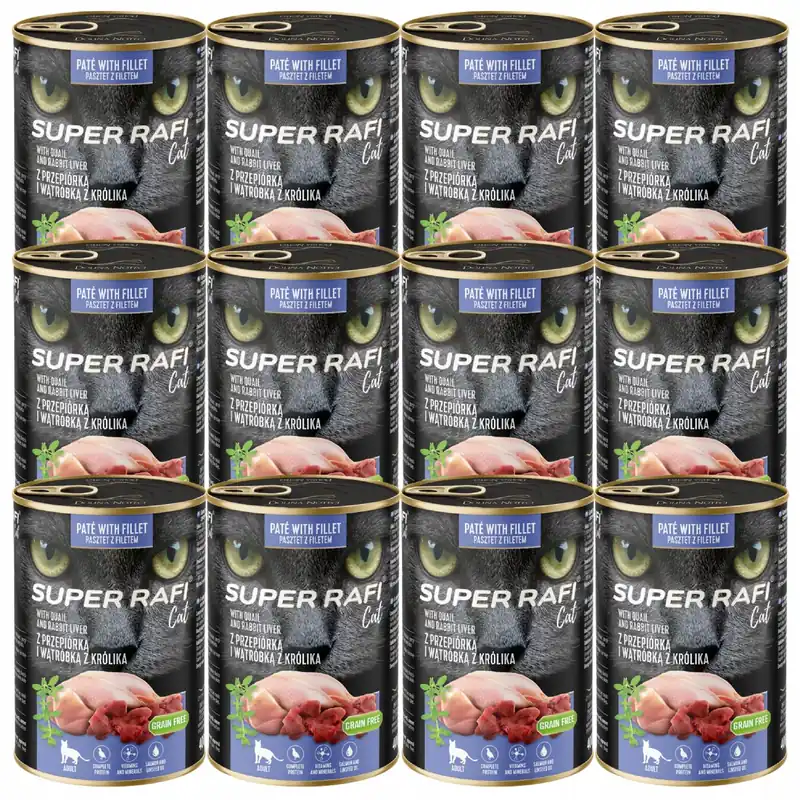 Wyjątkowa oferta SUPER RAFI Cat karma mokra dla kota Przepiórka 12 x 400g