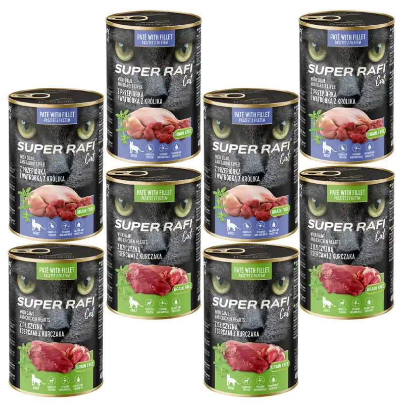 Najlepsza cena SUPER RAFI Cat karma mokra dla kota mix smaków 8 x 400g