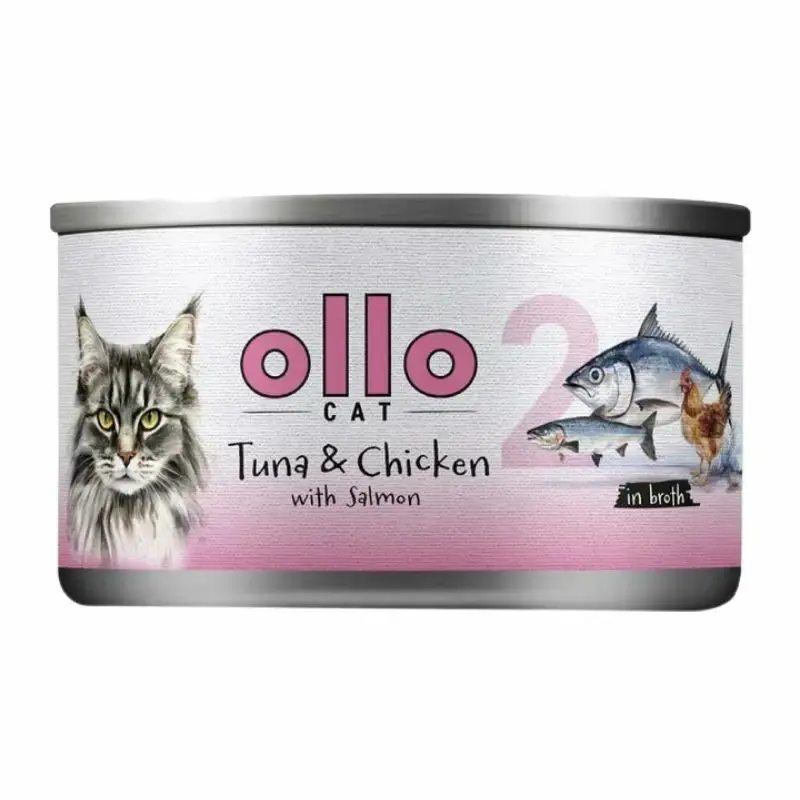 Ollo cat 2 - tuńczyk i kurczak z łososiem - mokra karma uzupełniająca dla kota, 70 g Premium