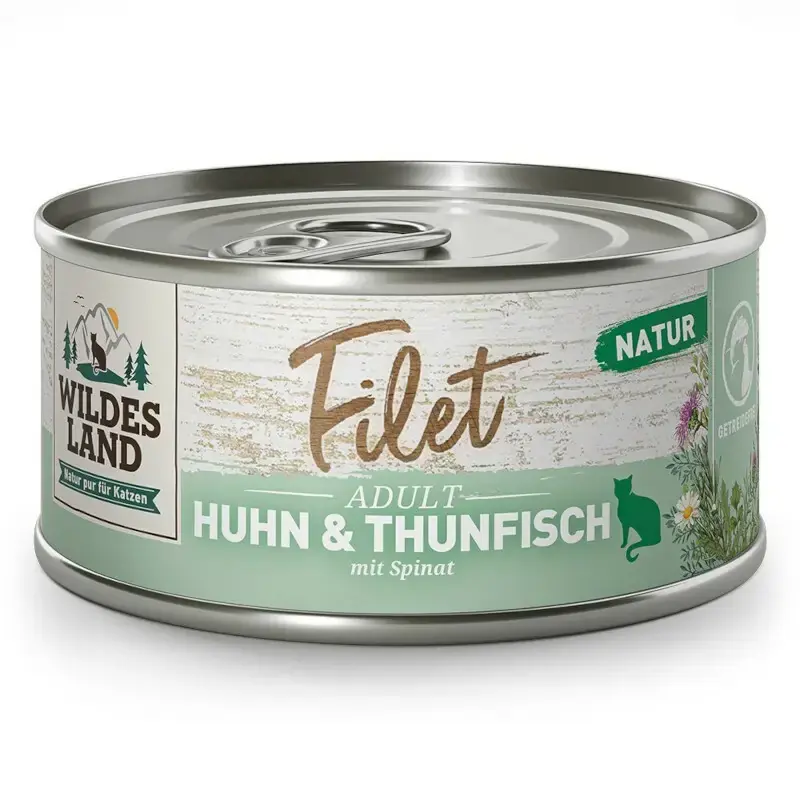 Dodaj do koszyka WILDES LAND CAT Huhn Thunfisch Filet - Karma mokra dla kota, filety z kurczaka i tuńczyka, puszka 80g