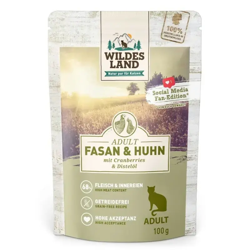 Nie przegap WILDES LAND CAT Classic Fasan Huhn - Karma mokra dla kota, bażant i kurczak z żurawiną, saszetka 100g
