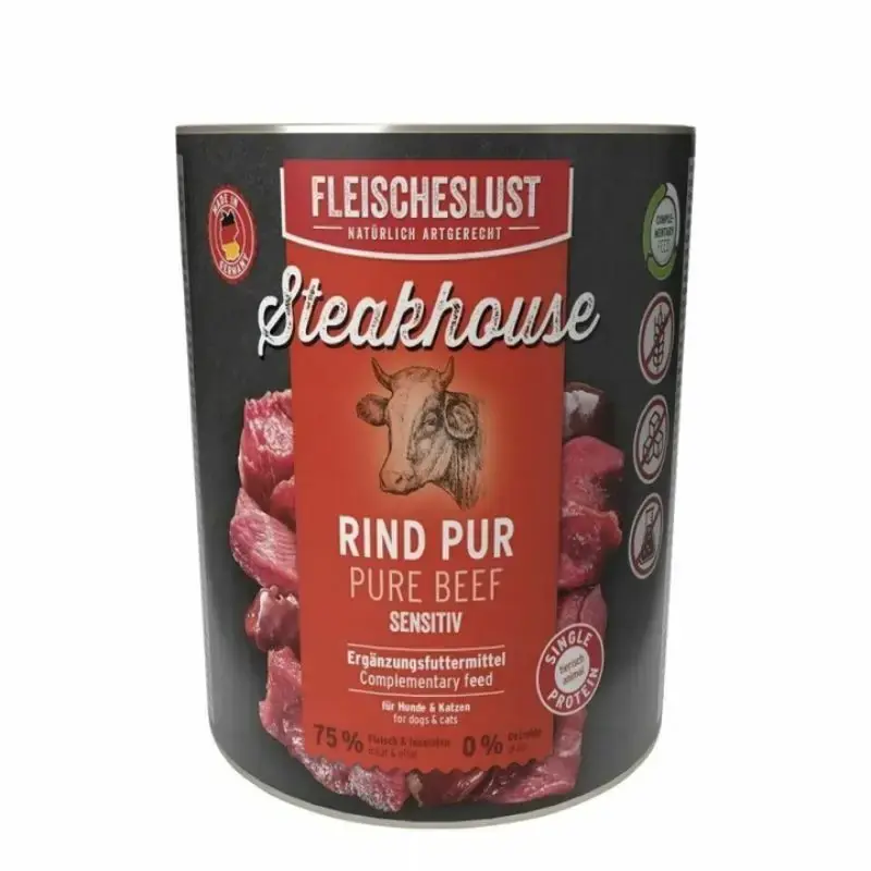 Ostatnia szansa MEATLOVE Steakhouse Pure Beef Sensitive 800g – karma uzupełniająca dla psa i kota