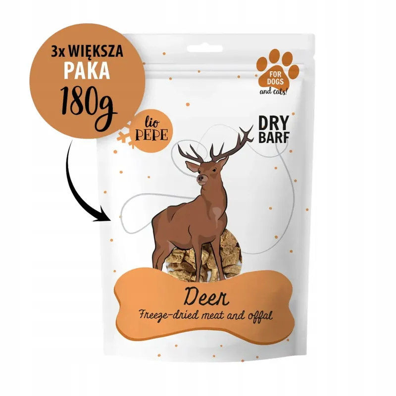 Liofilizowany Przysmak dla psa i kota Paka Zwierzaka Pepe Lio Deer mięso jelen9ia 180 g Cena promocyjna
