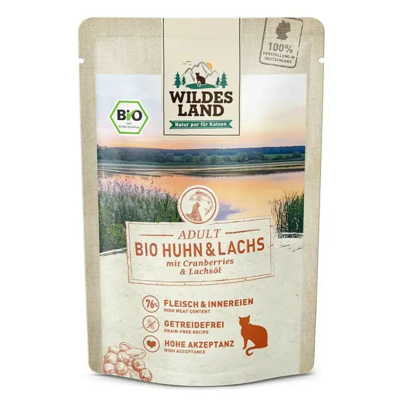 Oferta limitowana WILDES LAND CAT BIO Huhn Lachs - karma mokra dla kotów, kurczak z łososiem, saszetka 85g