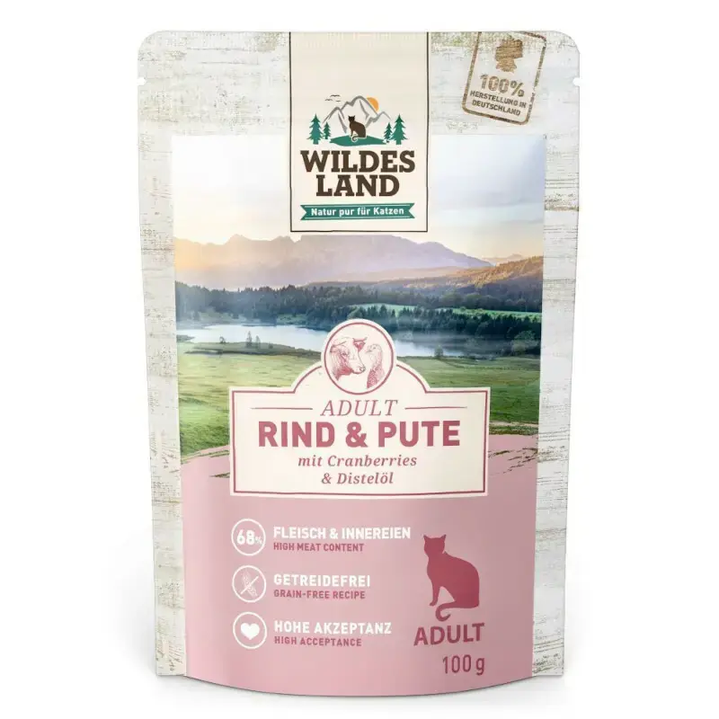 Popularny WILDES LAND CAT Classic Rind Pute - Karma mokra dla kotów, wołowina i indyk z żurawiną, saszetka 100g