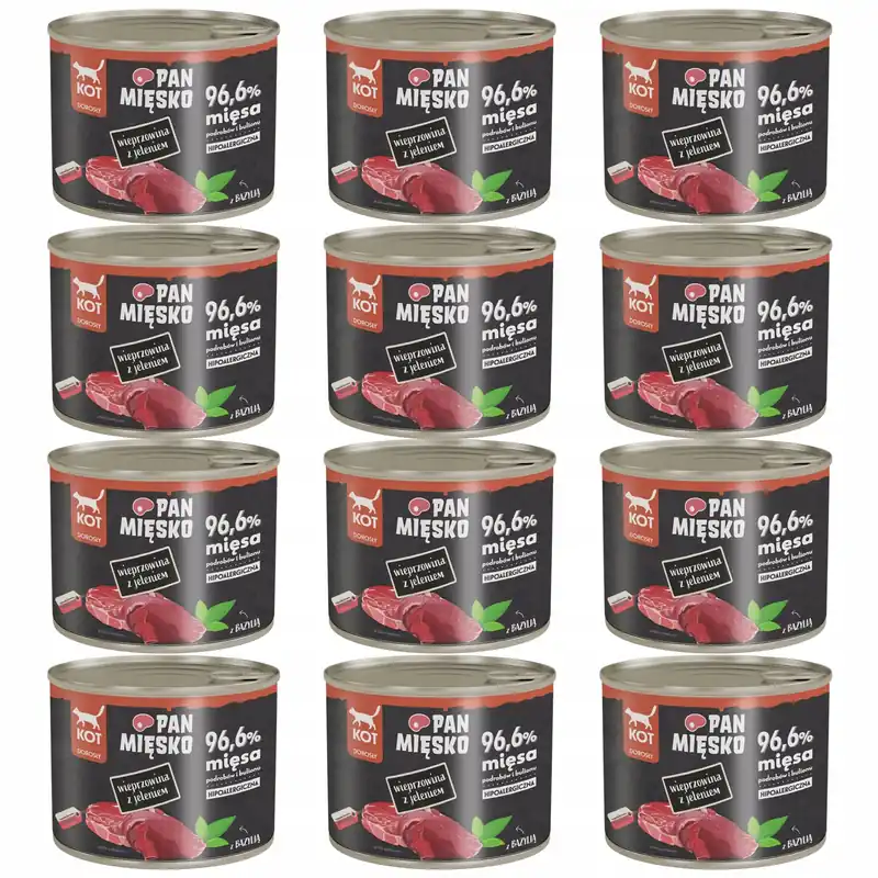 Ostatnie sztuki Pan Mięsko karma dla kota mokra Wieprzowina Jeleń 12 x 200g