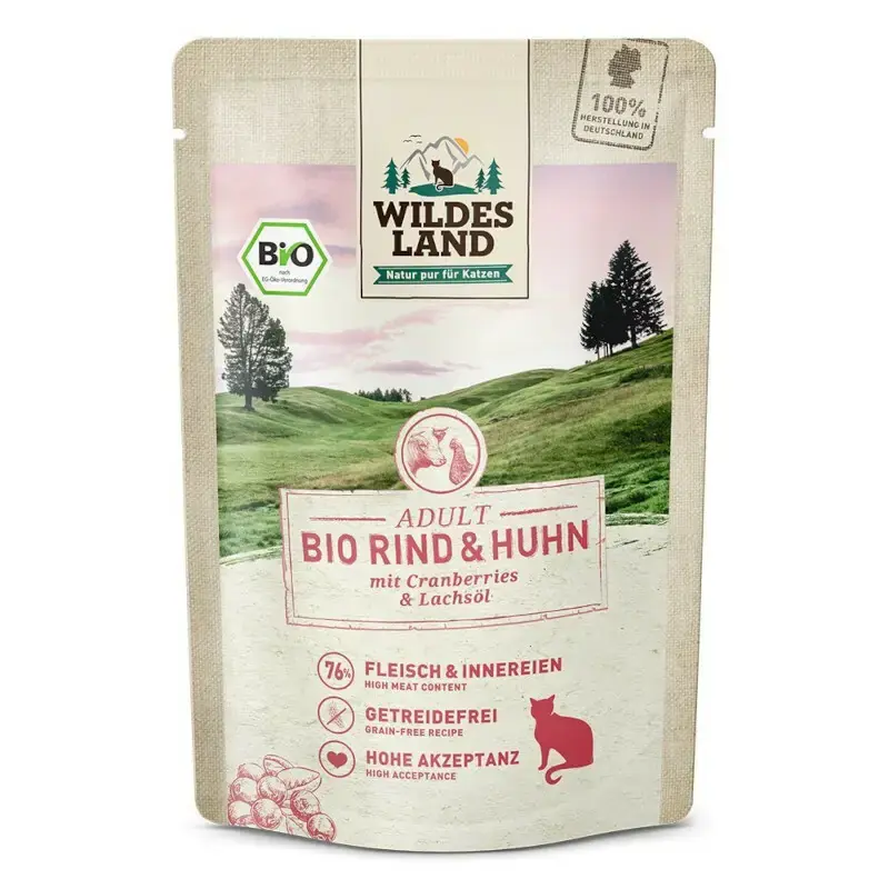 Wybór klientów WILDES LAND CAT BIO Rind Huhn - karma mokra dla kotów, bio wołowina z kurczakiem i żurawiną, saszetka 85g