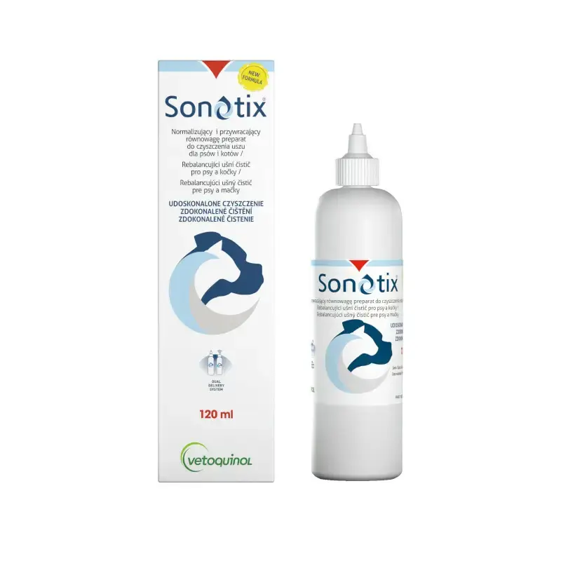 Vetoquinol Sonotix - Normalizujący i przywracający równowagę preparat do czyszczenia uszu dla psów i kotów, 120ml Zamów dziś