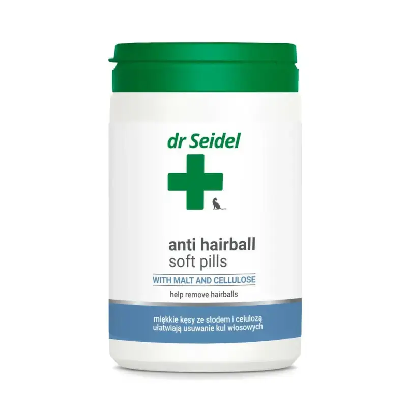 Niska cena Dr Seidel Anti Hairball soft pills - miękkie kęsy ze słodem i celulozą ułatwiające usuwanie kul włosowych, dla kotów, 225g