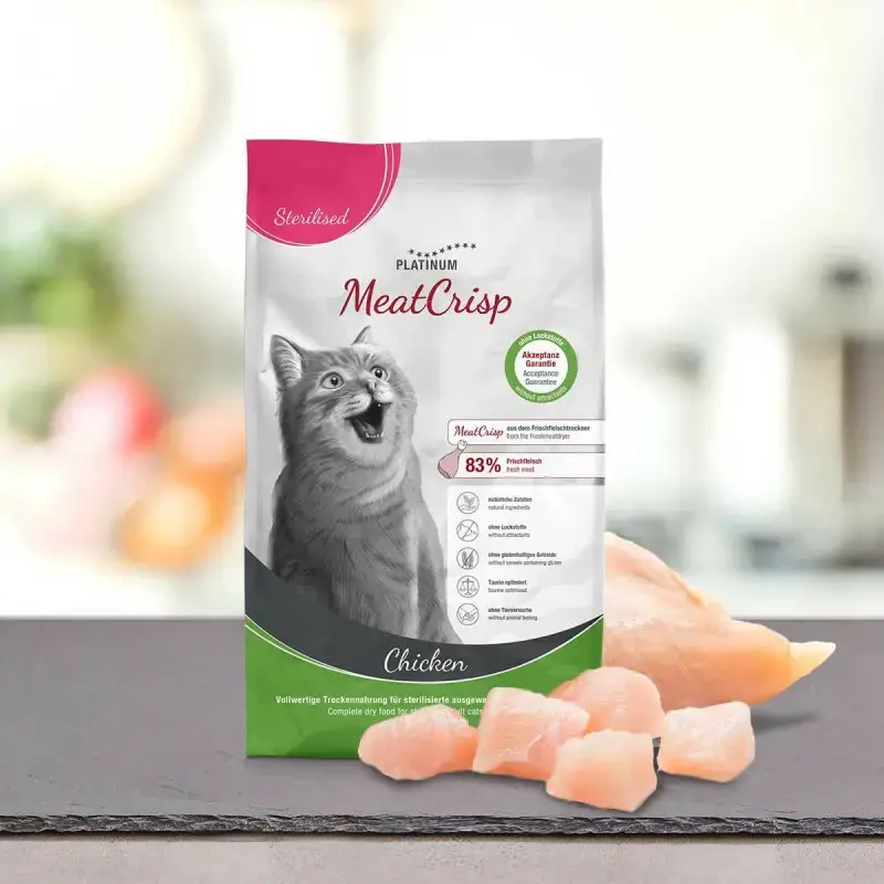 PLATINUM MeatCrisp Sterilised Chicken - Pełnoporcjowa karma dla kotów sterylizowanych z kurczakiem Dostępne od ręki
