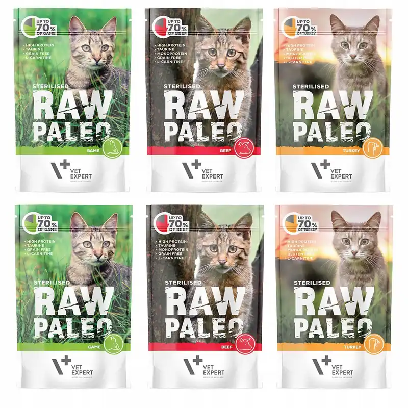 Raw Paleo Sterilised Karma mokra dla kota mix smaków 6 x 100g Bezzbożowa Bestseller