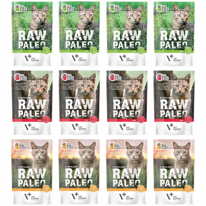 Zniżka Raw Paleo Sterilised karma mokra dla kota mix smaków 12 x 100g Bezzbożowa