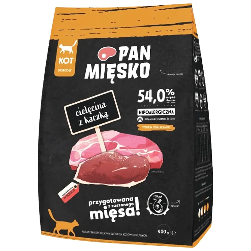Zamów teraz Pan Mięsko karma dla kota sucha 400g Cielęcina Kaczka