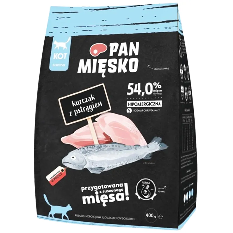 Bezpieczne zakupy Pan Mięsko Karma dla kota sucha 400 g Kurczak z Pstrągiem