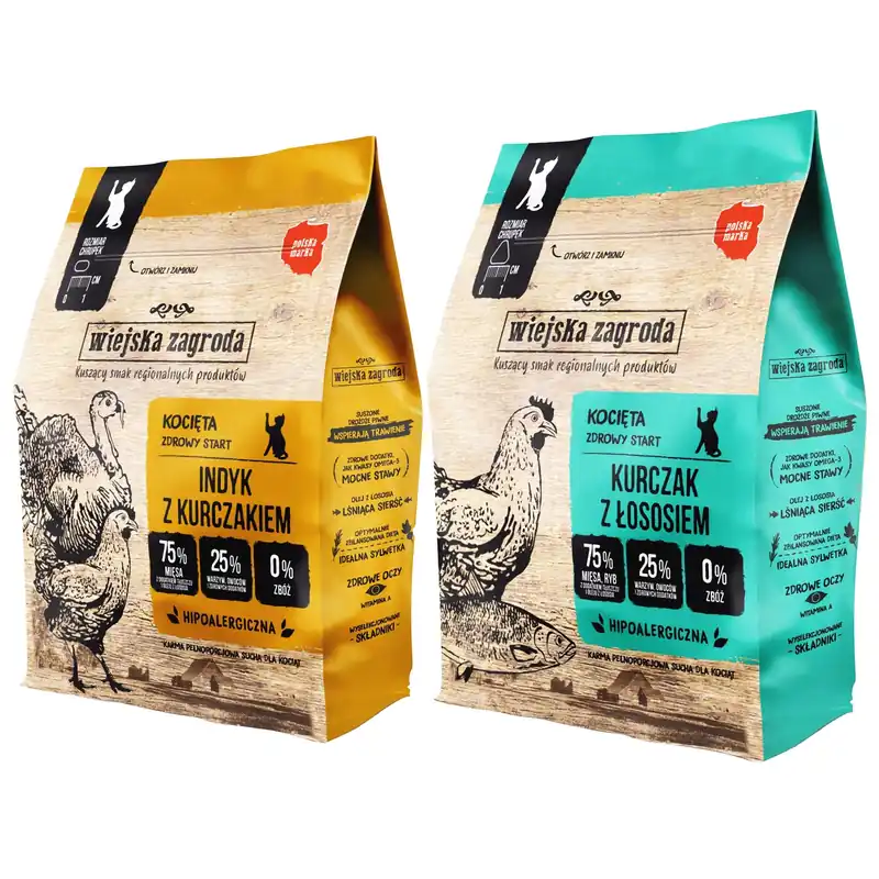 Bezpieczne zakupy WIEJSKA ZAGRODA sucha karma dla kociąt 2 x 400g MIX Smaków