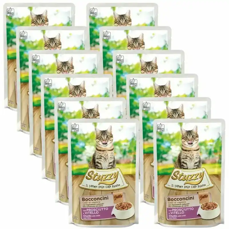 Tylko dziś STUZZY Bocconcini z szynką i cielęciną w galarecie PAKIET 12X85g - mokra karma dla kota, saszetka
