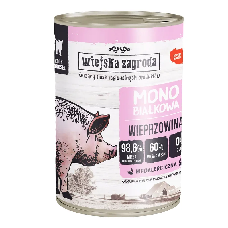 Ograniczona ilość WIEJSKA ZAGRODA MONO Karma mokra dla kota Wieprzowina 400g Bezzbożowa