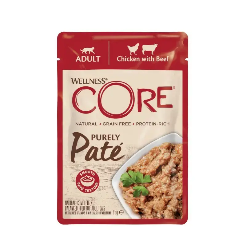 Wellness Core Purely Pate - karma mokra, dla kotów dorosłych z kurczakiem i wołowiną 8x85g saszetki Niska cena