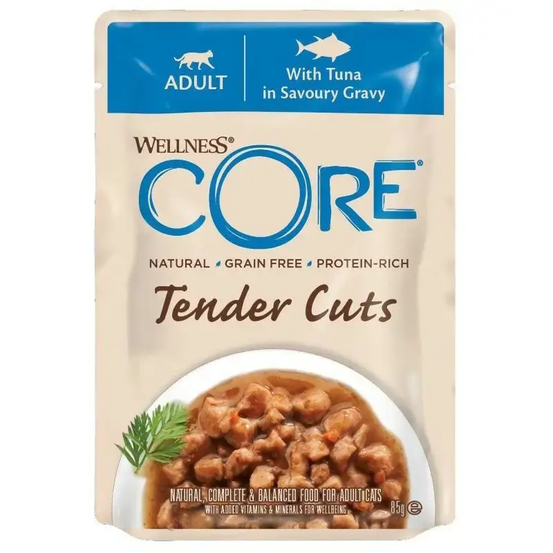 Wellness Core Tender Cuts - karma mokra, dla dorosłych kotów tuńczyk w sosie 8x85g saszetki Ograniczona ilość