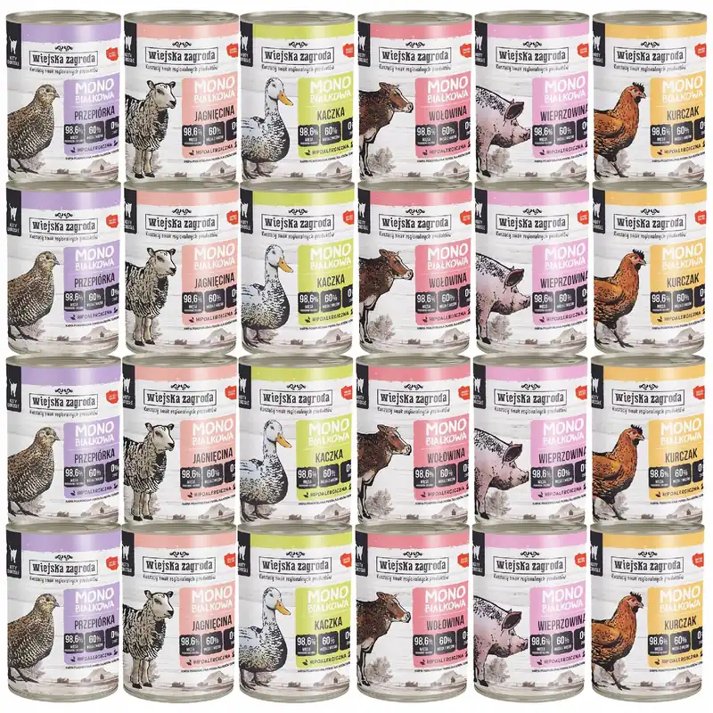 Popularny WIEJSKA ZAGRODA MONO Karma mokra dla kota mix smaków 24 x 400g Bezzbożowa
