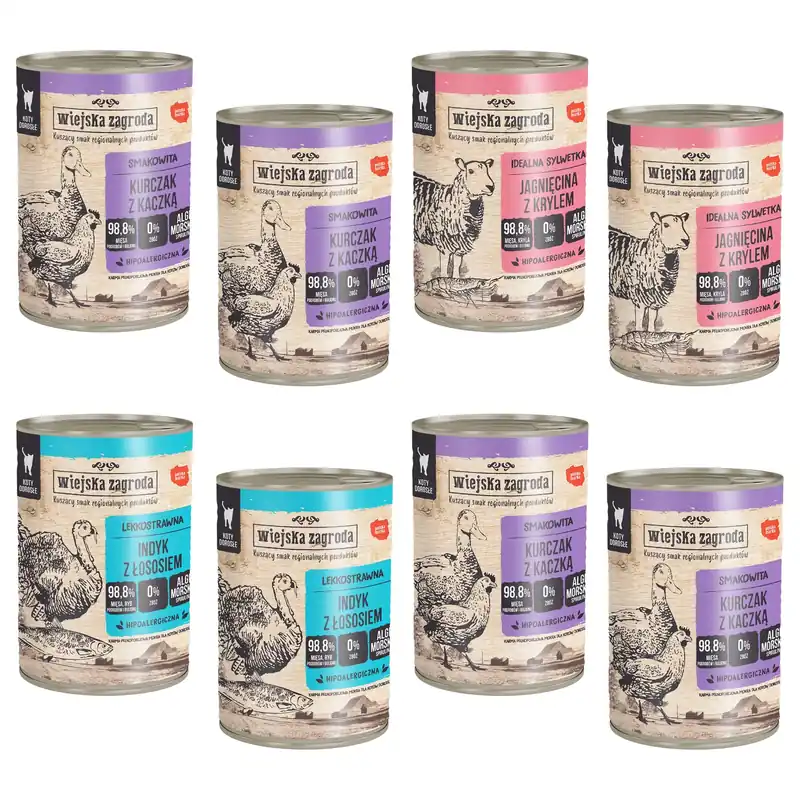 Bezpieczne zakupy WIEJSKA ZAGRODA Karma mokra dla kota mix smaków 8 x 400g Bezzbożowa