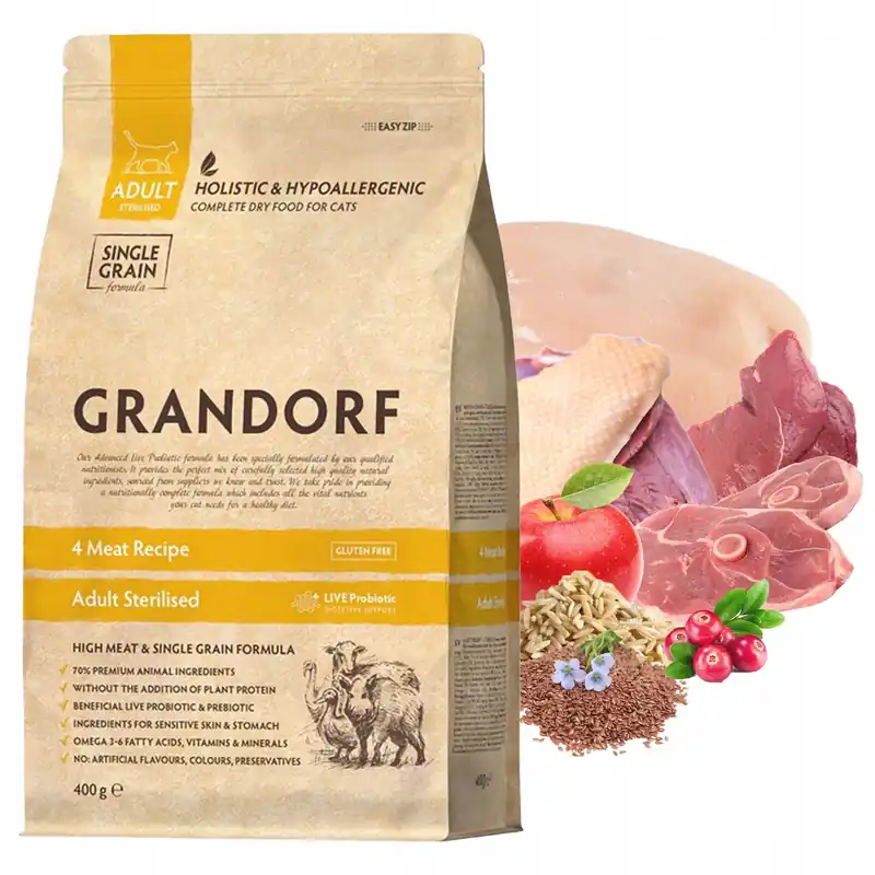 GRANDORF Adult Sterilised Zdrowa Karma sucha dla kota 4meat 400g Wybór klientów