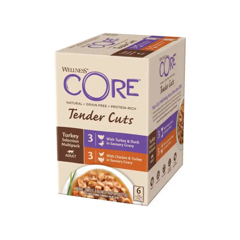 Łatwy zwrot WELLNESS Core Tender Cuts Turkey Selection Multipack, zestaw saszetek dla kotów dorosłych, indyk, 3x2 smaki, 6x85g/510g