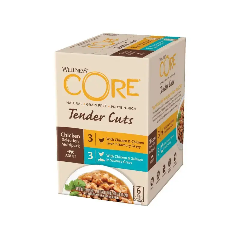 Rabat WELLNESS Core Tender Cuts Chicken Selection Multipack, zestaw saszetek dla kotów dorosłych, kurczak, 3x2 smaki, 6x85g/510g