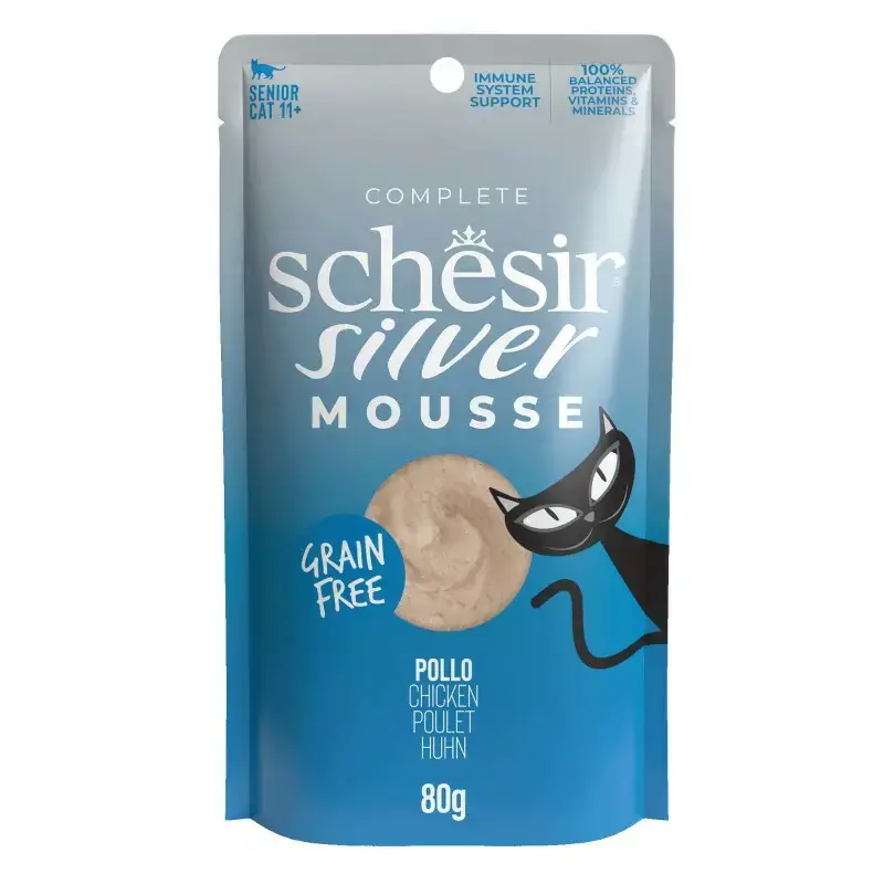 Ekspresowa dostawa SCHESIR SILVER Mousse z kurczakiem i dynią - karma dla kotów seniorów, mus, saszetka 80g