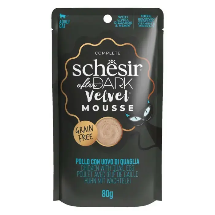 Ostatnie sztuki SCHESIR AFTER DARK Velvet Mousse z kurczakiem i jajkami przepiórczymi - karma dla kotów, mus, saszetka 80g