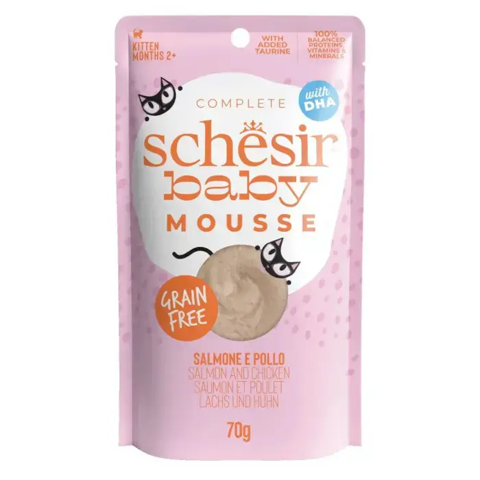 Wysoka jakość SCHESIR BABY MOUSSE z łososiem i kurczakiem - karma dla kociąt, mus, saszetka 70g