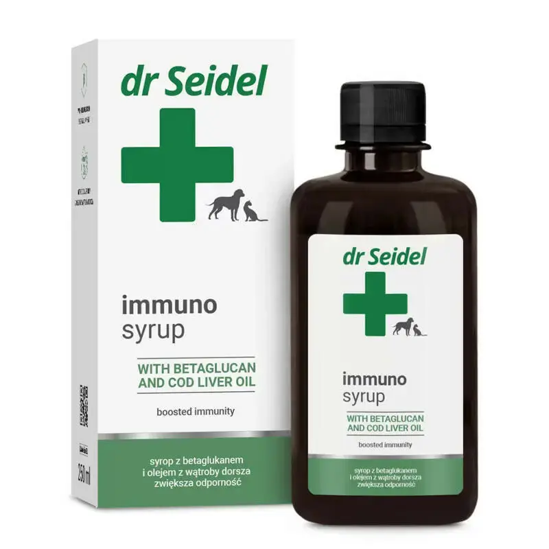 Dr Seidel Immuno syrup - syrop zwiększający naturalną odpowrność organizmu, wspomagający proces regeneracji i gojenia, dla psów i kotów, 250ml Łatwy zwrot
