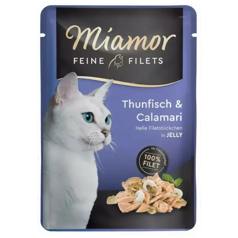 Cena promocyjna MIAMOR Feine Filets tuńczyk z kalmarami w galaretce - mokra karma dla kota, saszetka 100g