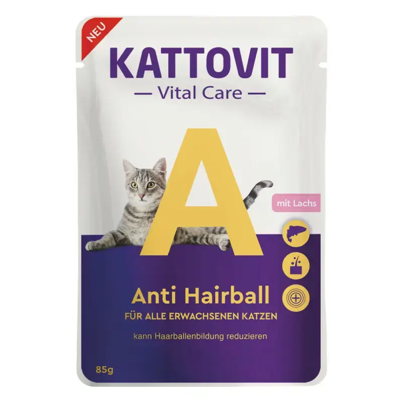 Niska cena KATTOVIT ANTI HAIRBALL łosoś - mokra karma dla kotów 85g