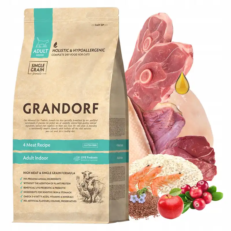 GRANDORF INDOOR RECIPE Adult Karma sucha dla kota 4 meat 400g Bezzbożowa Tylko do końca tygodnia