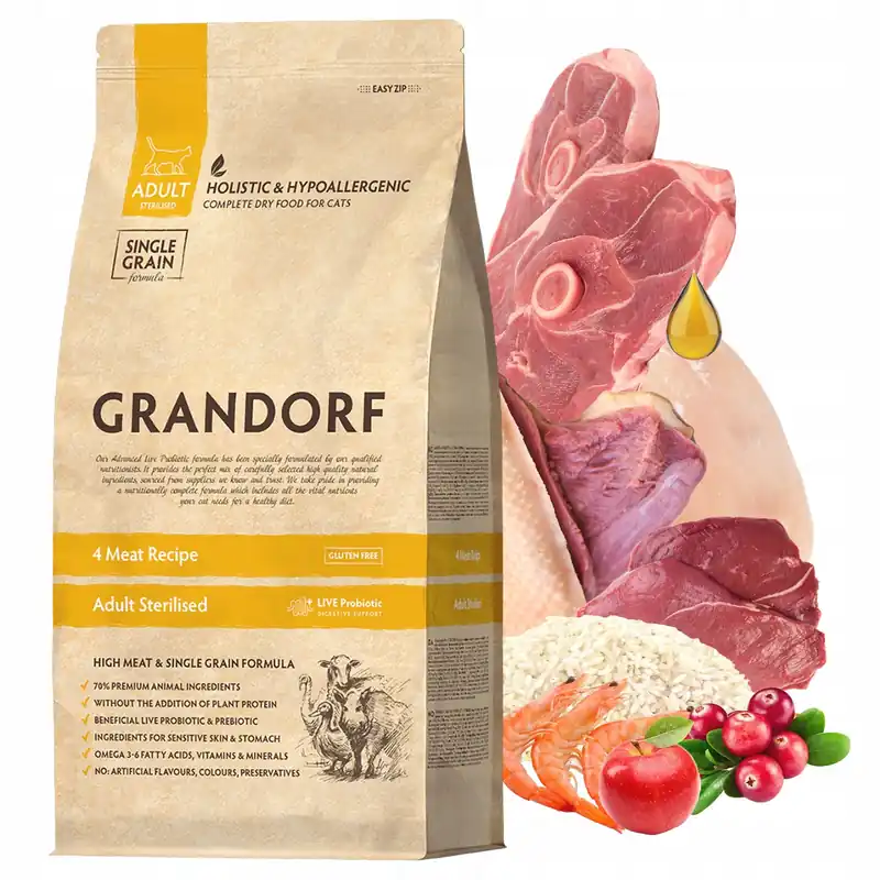 GRANDORF STERILISED Adult Karma sucha dla kota 4 meat 2 kg Bezzbożowa Ostatnia szansa