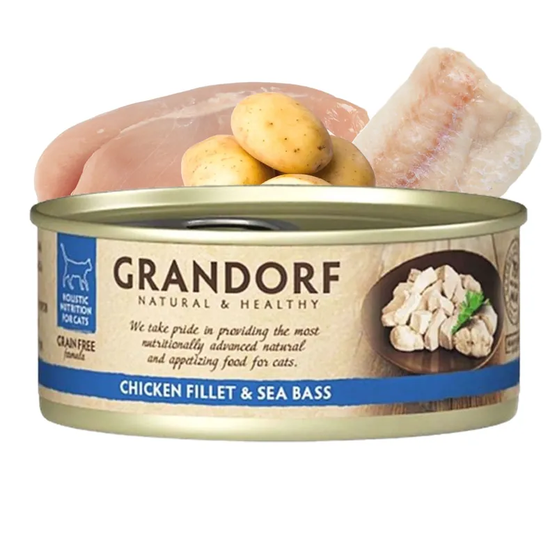 Ograniczona ilość GRANDORF zdrowa karma mokra dla kota Kurczak Okoń 70g Bezzbożowa