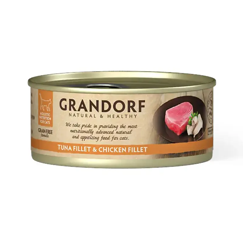 Nowy GRANDORF Tuna Fillet & Chicken Breast - mokra karma dla kota z filetem z tuńczyka i kurczaka, puszka 70g