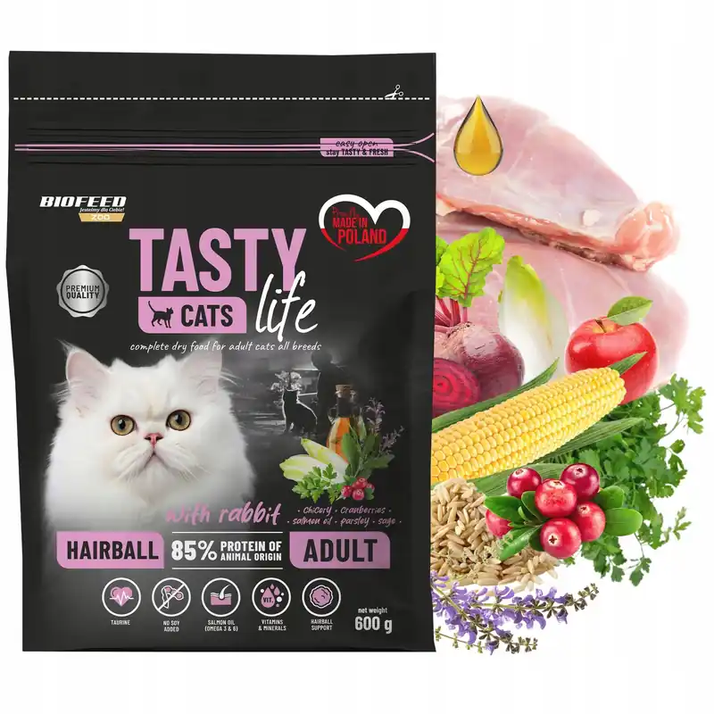 Najlepsza cena BIOFEED TASTY CATS LIFE Hairball Królik karma sucha dla kota 600g zdrowa