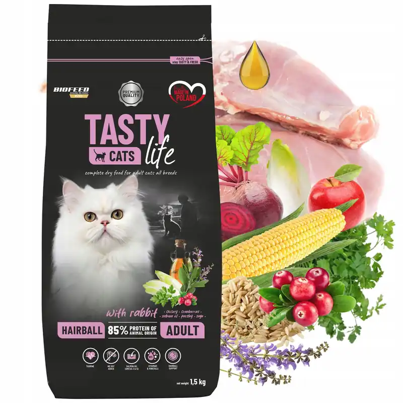 Kup online BIOFEED TASTY CATS LIFE Hairball Królik karma sucha dla kota 1,5 kg zdrowa