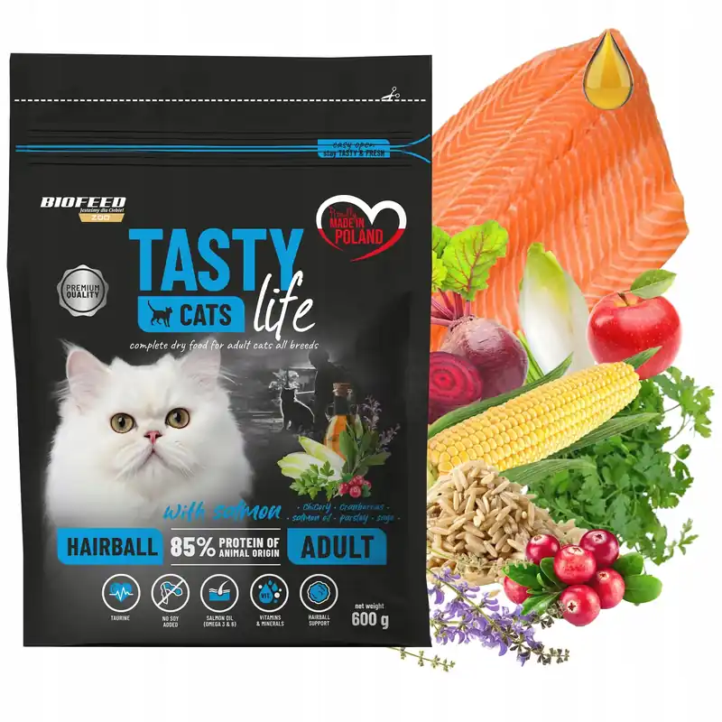 BIOFEED TASTY CATS LIFE Hairball Łosoś karma sucha dla kota 600g zdrowa Nowość