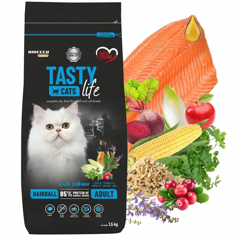 Najlepsza cena BIOFEED TASTY CATS LIFE Hairball Łosoś karma sucha dla kota 1,5 kg zdrowa