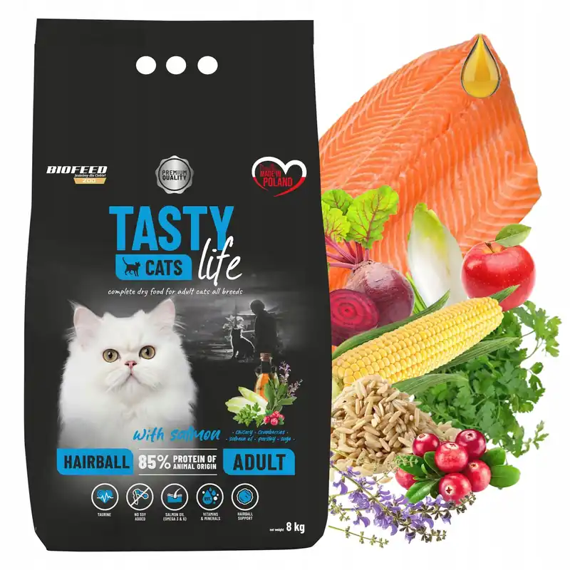 BIOFEED TASTY CATS LIFE Hairball Łosoś karma sucha dla kota 8 kg zdrowa Najlepsza cena