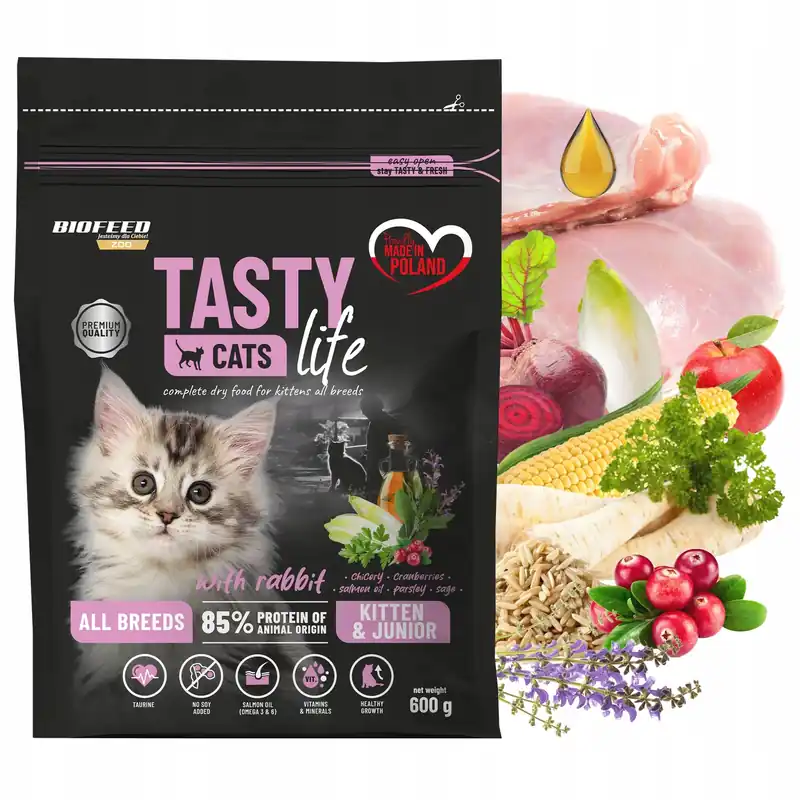 BIOFEED TASTY CATS LIFE Kitten Królik karma sucha dla kociąt 600g zdrowa Ograniczona ilość