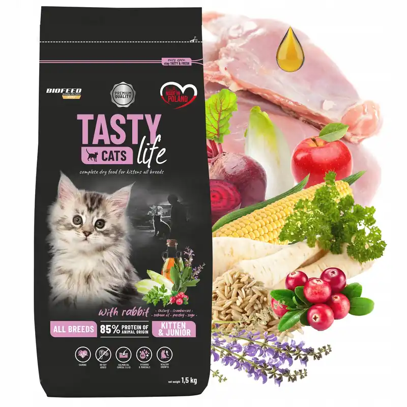 Okazja BIOFEED TASTY CATS LIFE Kitten Królik karma sucha dla kociąt 1,5 kg zdrowa