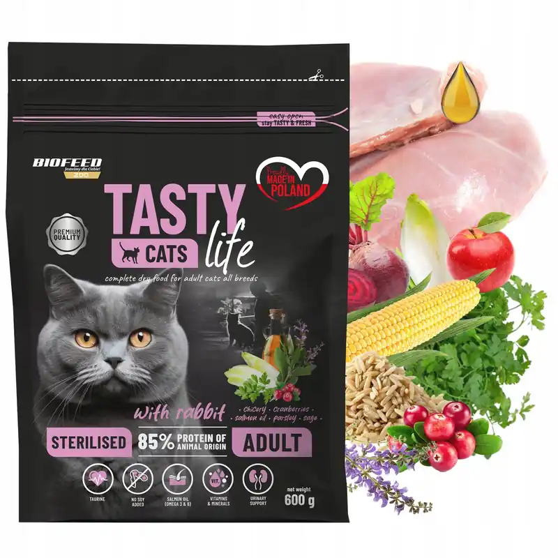Sprawdź teraz BIOFEED TASTY CATS LIFE STERILISED Królik karma sucha dla kota 600g zdrowa