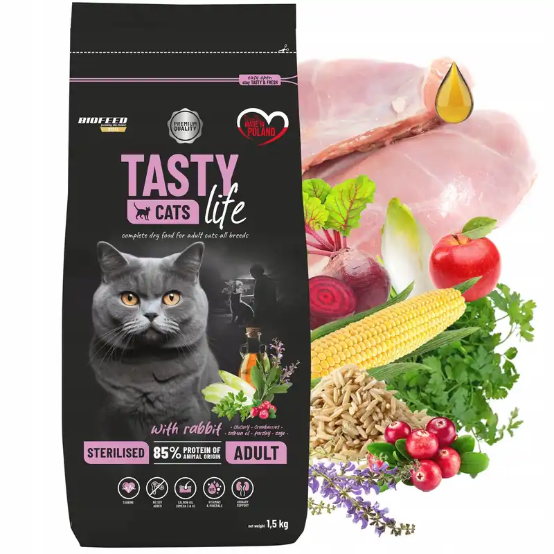BIOFEED TASTY CATS LIFE STERILISED Królik karma sucha dla kota 1,5 kg Szybka wysyłka