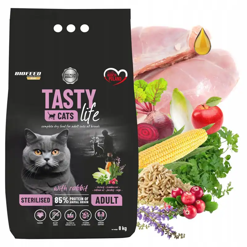 Rabat BIOFEED TASTY CATS LIFE STERILISED Królik karma sucha dla kota 8 kg zdrowa