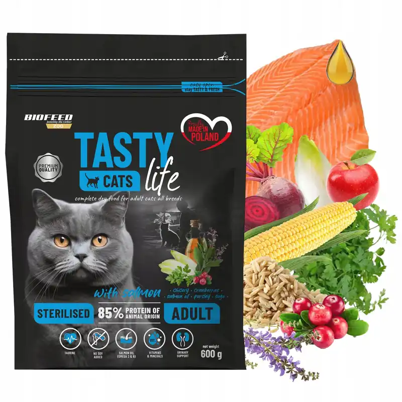 BIOFEED TASTY CATS LIFE STERILISED Łosoś karma sucha dla kota 600g zdrowa Szybka dostawa
